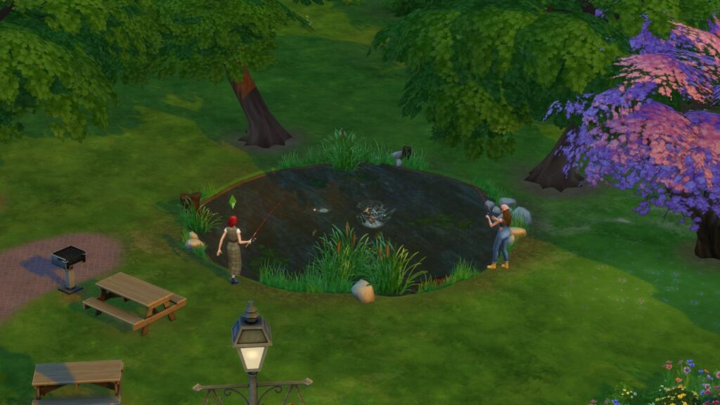 A screenshot from The Sims 4 showing a pond in magnolia blossom park