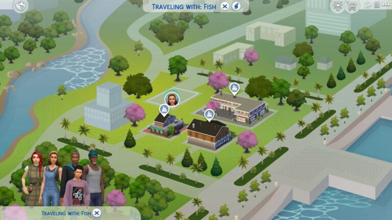 A screenshot from The Sims 4 showing the Magnolia Promenade map
