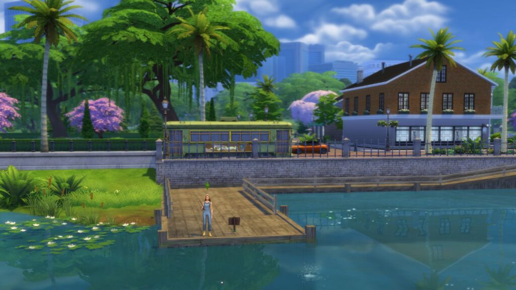 A screenshot from The Sims 4 showing a fishing spot at the end of a boardwalk in magnolia promenade 