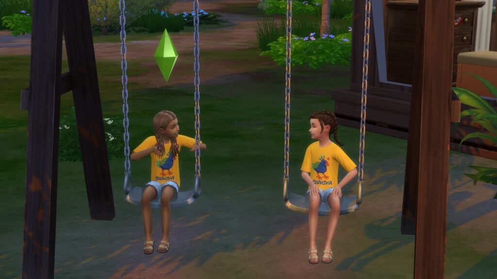 A screenshot from The Sims 4 showing two child aged sims sitting on a swing and talking