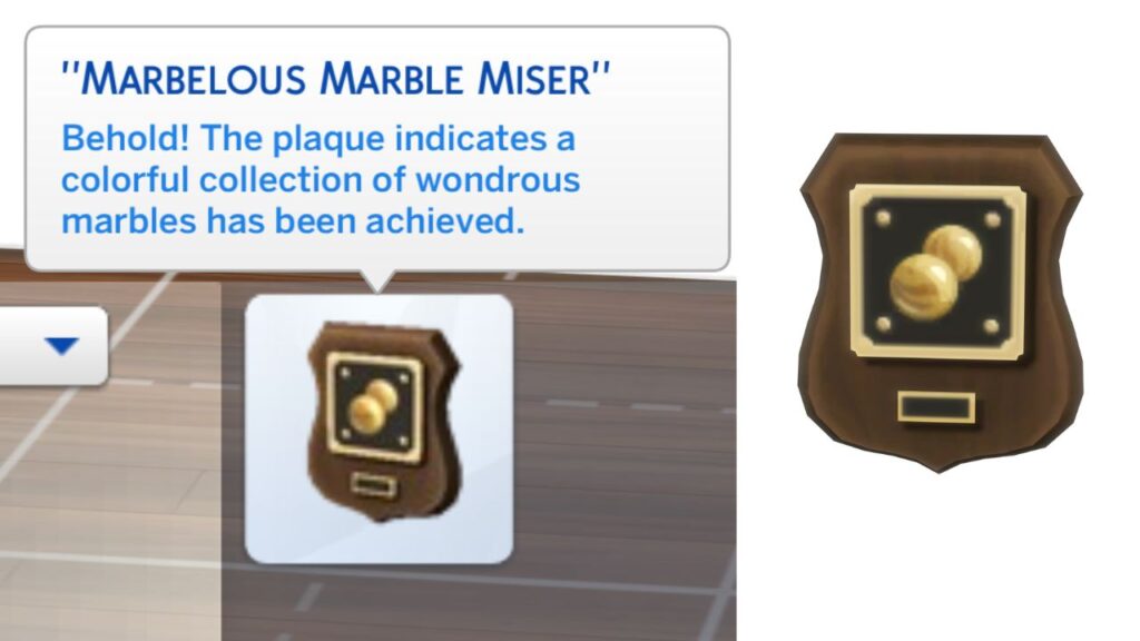 A screenshot from The Sims 4 showing the plaque you get when you finish the marble collection 