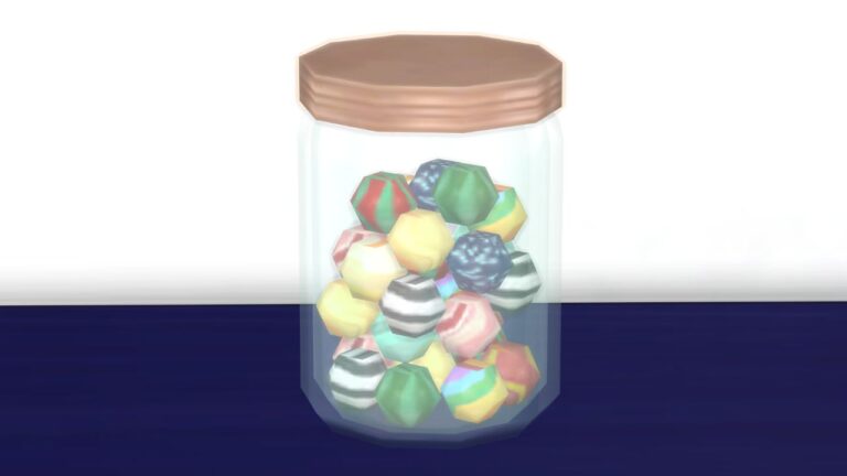 A screenshot from The Sims 4 showing a clear jar on a shelf filled with marbles