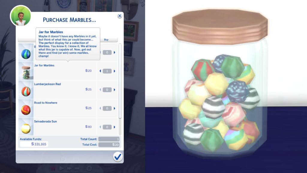 A screenshot from The Sims 4 showing the jar for marbles full of marbles 