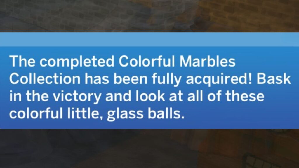 A screenshot from The Sims 4 showing the notification for finishing the sims 4 marbles collection 