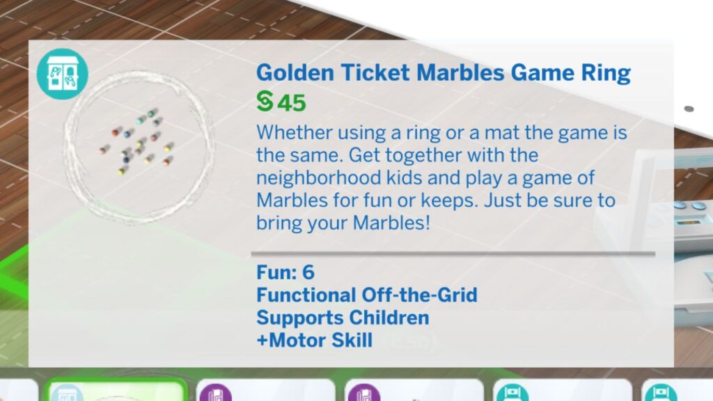 A screenshot from The Sims 4 showing the Golden Ticket Marbles Game Ring in build mode 
