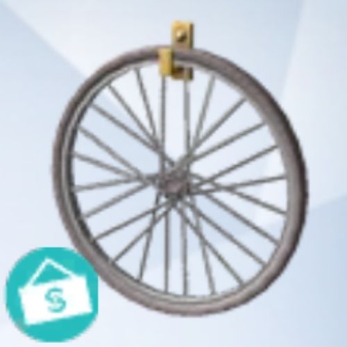 A screenshot from The Sims 4 with a grey background and a bicycle wheel
