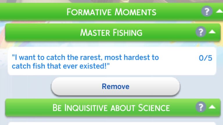A screenshot from The Sims 4 showing the master fishing formative moment trait