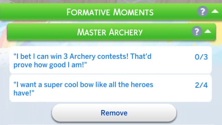 A screenshot from The Sims 4 showing the mastery archery formative moment task list