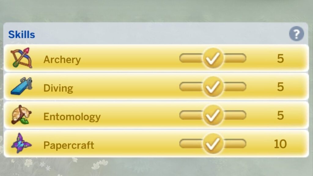 A screenshot from The Sims 4 showing a sim's skill panel with max levels of every skill from adventure awaits 