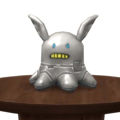 A screenshot from The Sims 4 showing a round, brown table with a Meduso Plushie on top that's made of metal