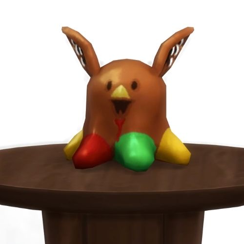 A screenshot from The Sims 4 showing a round, brown table with a Meduso Plushie on top that's dressed like a turkey