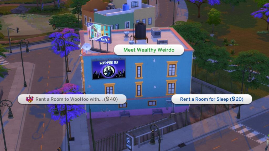 A screenshot from The Sims 4 showing how to meet the wealthy weirdo at a hotel 