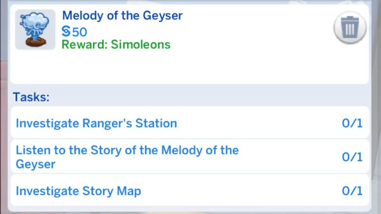 A screenshot from The Sims 4 showing the Melody of the Geyser adventure quest