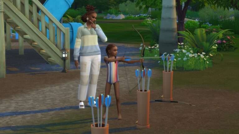 A screenshot from The Sims 4 showing a sim being mentored in archery