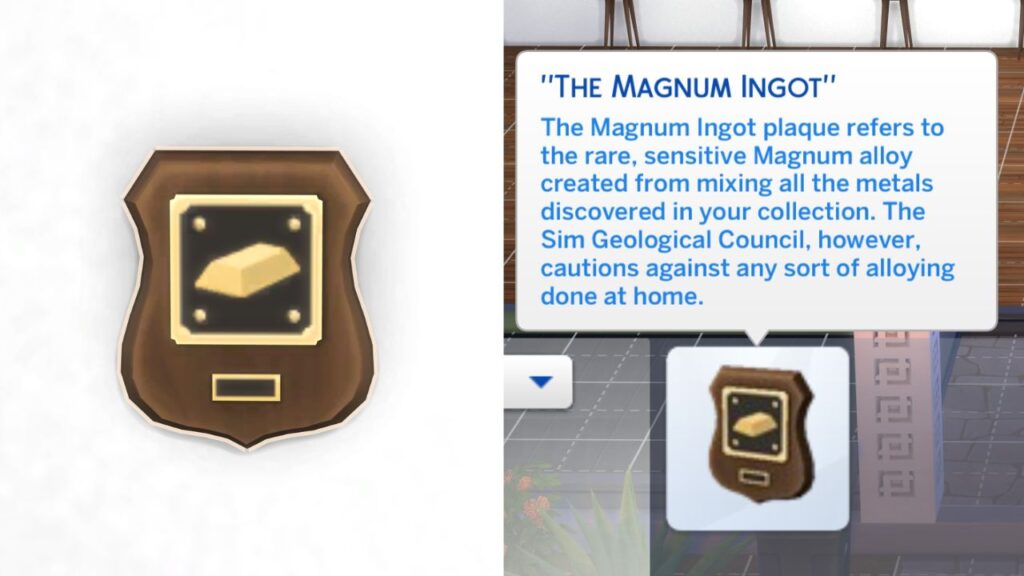 A screenshot from The Sims 4 showing the plaque awarded when the metal collection is done