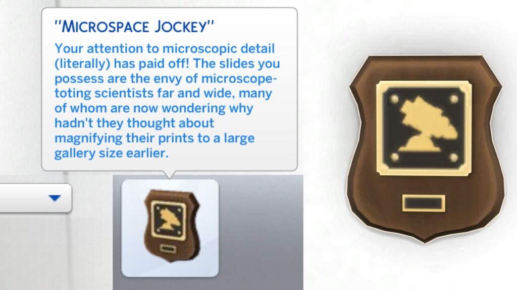 A screenshot from The Sims 4 showing the plaque for finishing the microscope collection 