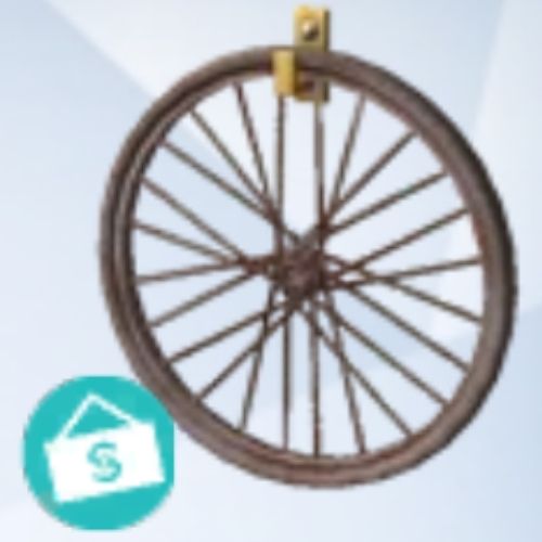 A screenshot from The Sims 4 with a grey background and a bicycle wheel