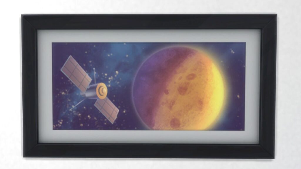 A screenshot from The Sims 4 showing a black frame with a print of a satellite next to the mon