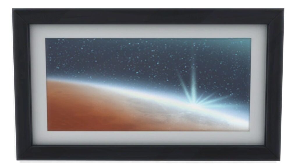 A screenshot from The Sims 4 showing a black frame with a print of the moon from the side with a light flare on top