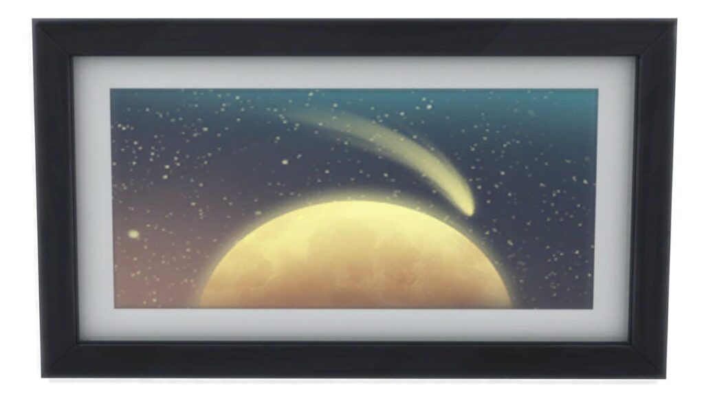 A screenshot from The Sims 4 showing a black frame with a print of the moon in yellow with a meteor over top