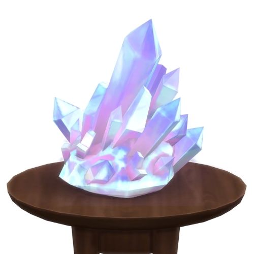 A screenshot from The Sims 4 showing a brown circular table with a crystal on top. This image has a crystal called moonstone