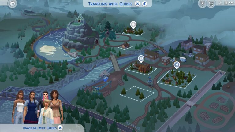 A screenshot from The Sims 4 showing the map of Moonwood Mill