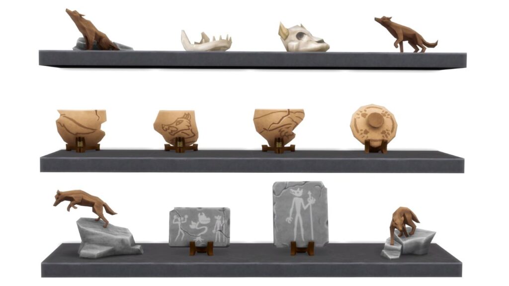 A screenshot from The Sims 4 showing a collection of moonwood relics
