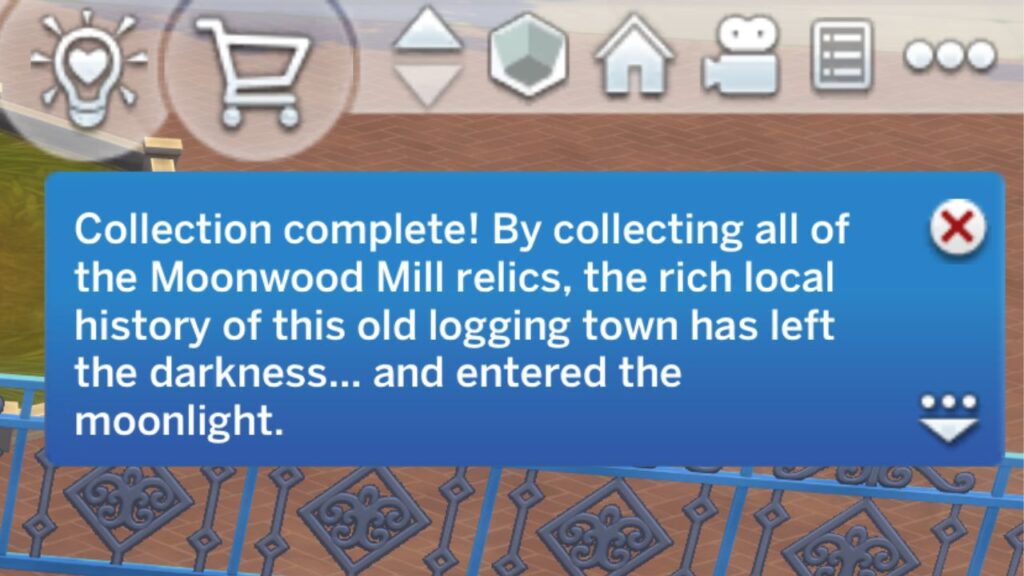 A screenshot from The Sims 4 showing the notification you get when you finish the moonwood relics collection