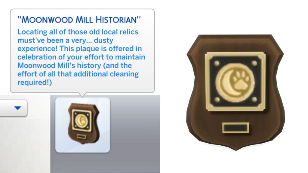 A screenshot from The Sims 4 showing the Moonwood Mill Historian plaque