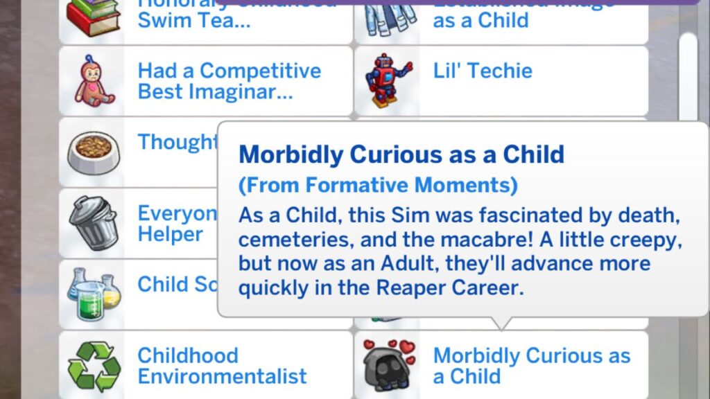 A screenshot from The Sims 4 showing the morbidly curious as a child trait from formative moments