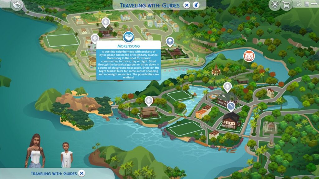 A screenshot from The Sims 4 showing the map of Toarang with the Morensong neighbourhood highlighted 