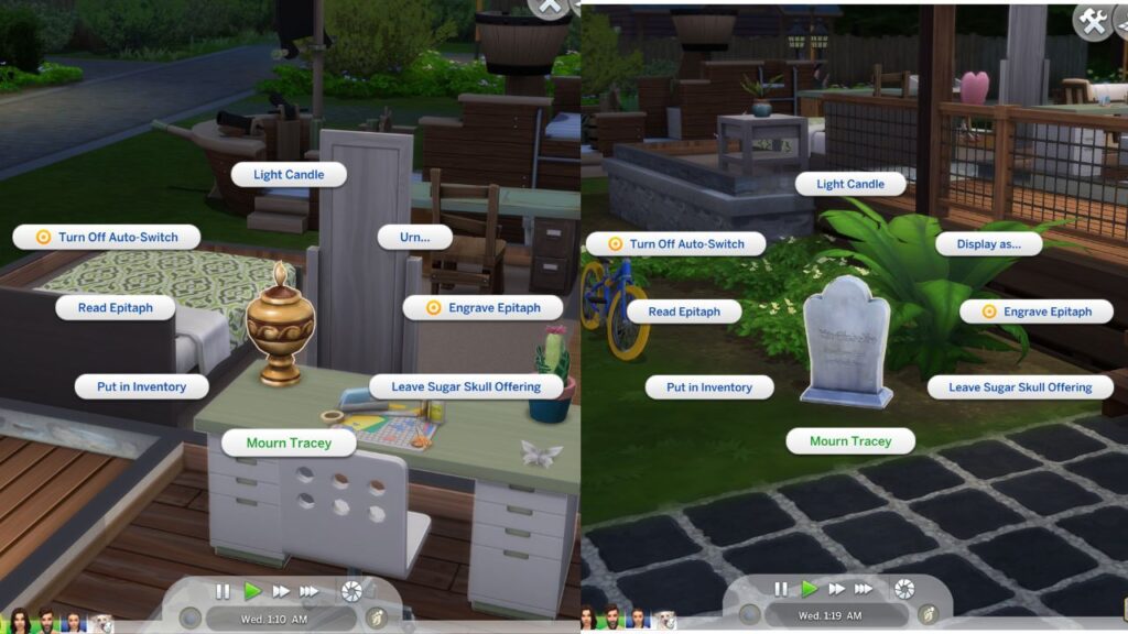 A screenshot from The Sims 4 showing how to mourn a sim on an urn or tombstone