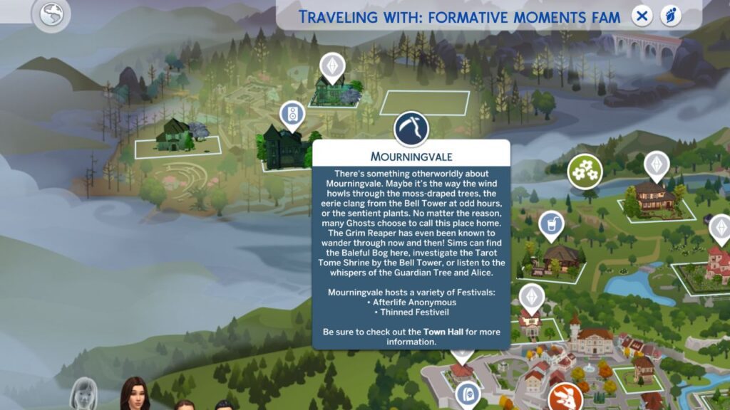 A screenshot from The Sims 4 showing the mourningvale neighbourhood in Ravenwood