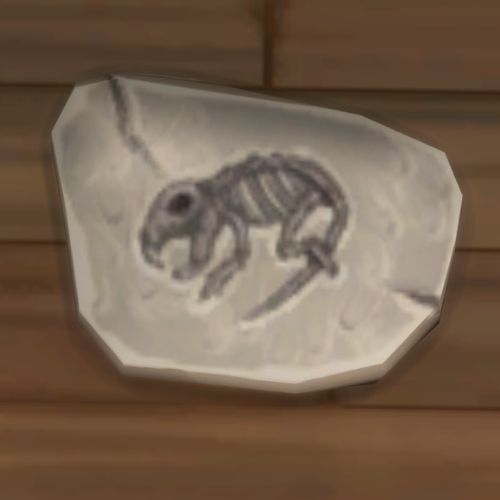 A screenshot from The Sims 4 showing a rock on the ground. On the rock is an image of a small creatures bones