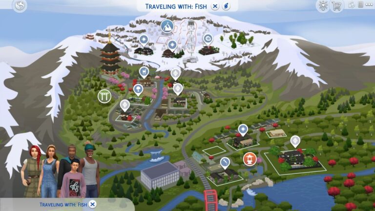 A screenshot from The Sims 4 showing the map of Mt Komorebi