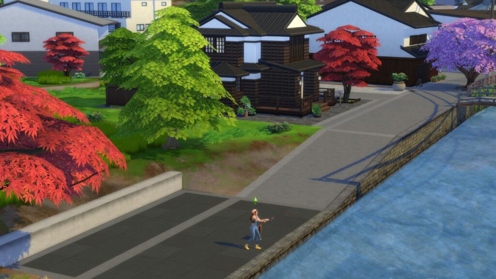A screenshot from The Sims 4 showing a fishing spot next to a residential lot in Mt Komorebi
