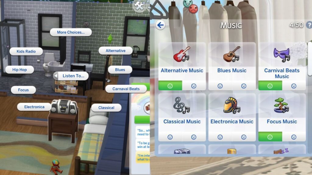 A screenshot from The Sims 4 showing how to get a sim to listen to music or adding likes to types of music 