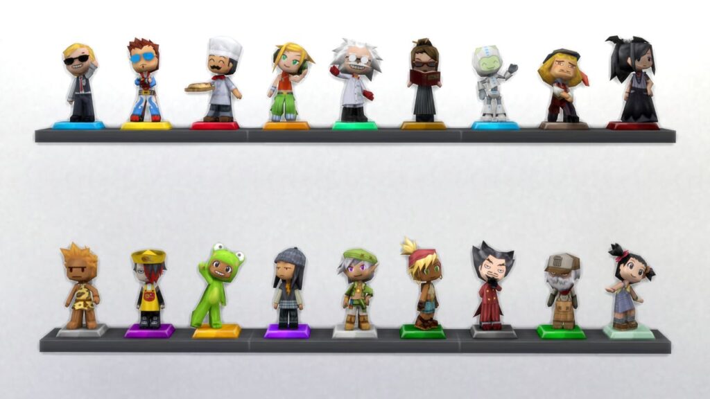 A screenshot from The Sims 4 showing a white wall with shelves. The shelves are covered in MySims trophies