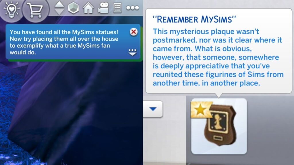 A screenshot from The Sims 4 showing a notification and plaque you get when you finish the MySims collection