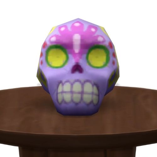 A screenshot from The Sims 4 showing a brown circle table with a purple and pink skull on top