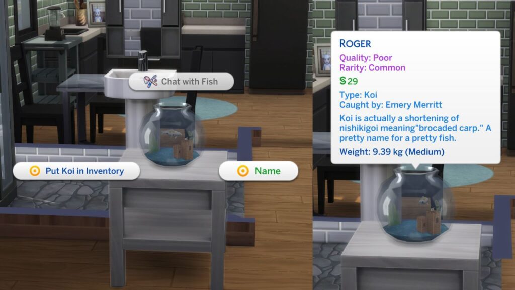 A screenshot from The Sims 4 showing how to name a fish in a fish bowl 