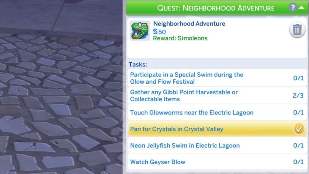 A screenshot from The Sims 4 showing the Neighborhood Adventure Quest tasks