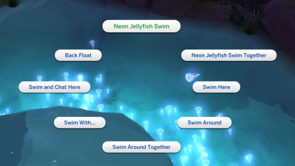 A screenshot from The Sims 4 showing the option to Neon Jellyfish Swim in the electric lagoon 
