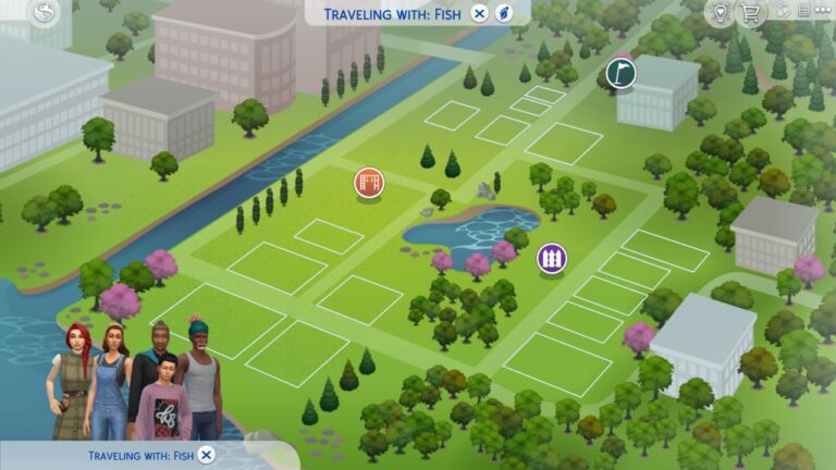 A screenshot from The Sims 4 showing the map for Newcrest with a family named Fish travelling there