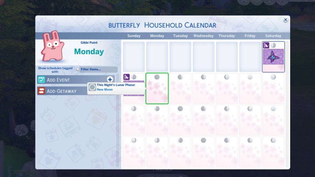 A screenshot from The Sims 4 showing the household calendar showing when there is a new moon