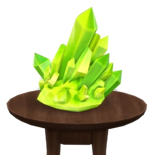 A screenshot from The Sims 4 showing a brown circular table with a crystal on top. This image has a crystal called nitelite