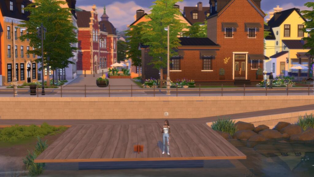 A screenshot from The Sims 4 showing a sim fishing on a wooden dock in front of a city