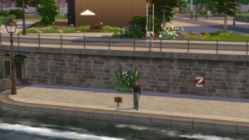 A screenshot from The Sims 4 showing a sim fishing alone with a stone wall behind them