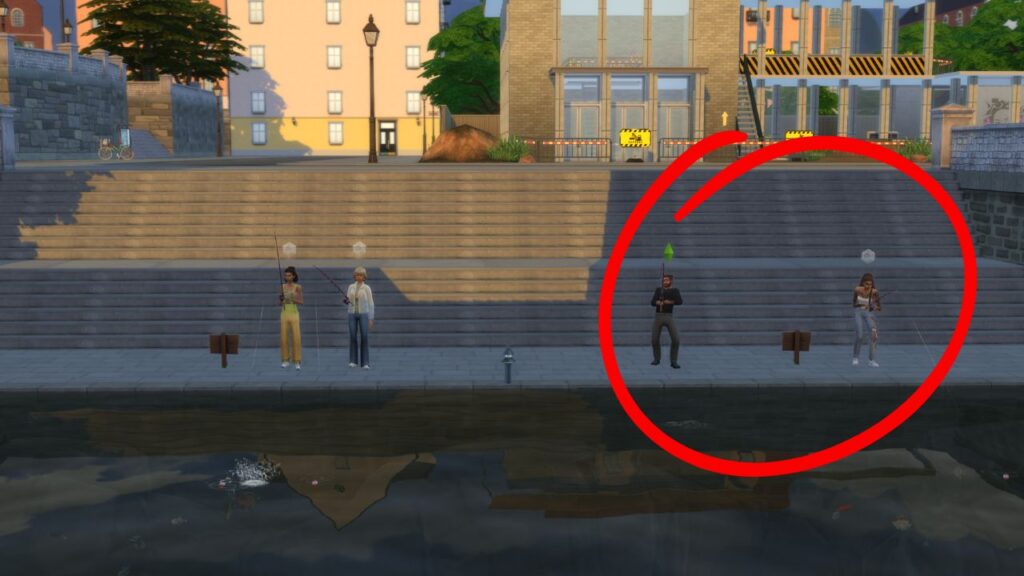 A screenshot from The Sims 4 showing four sims fishing at the bottom of some stairs and two of them are circled