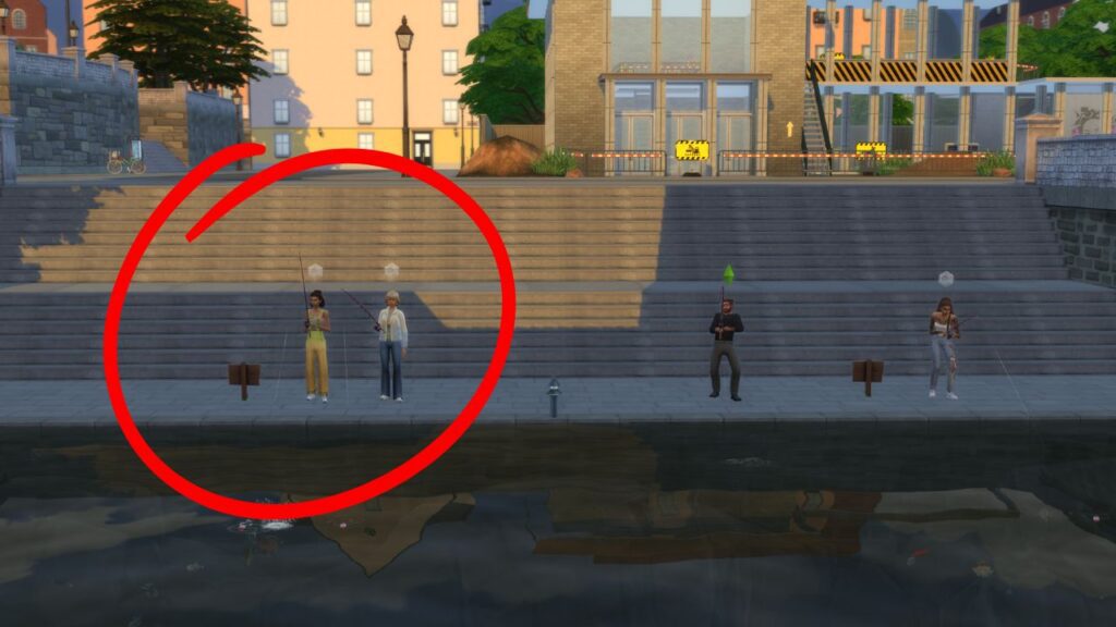 A screenshot from The Sims 4 showing a set of four sims fishing at the bottom of a set of stairs in a city. Two of the sims fishing are circled